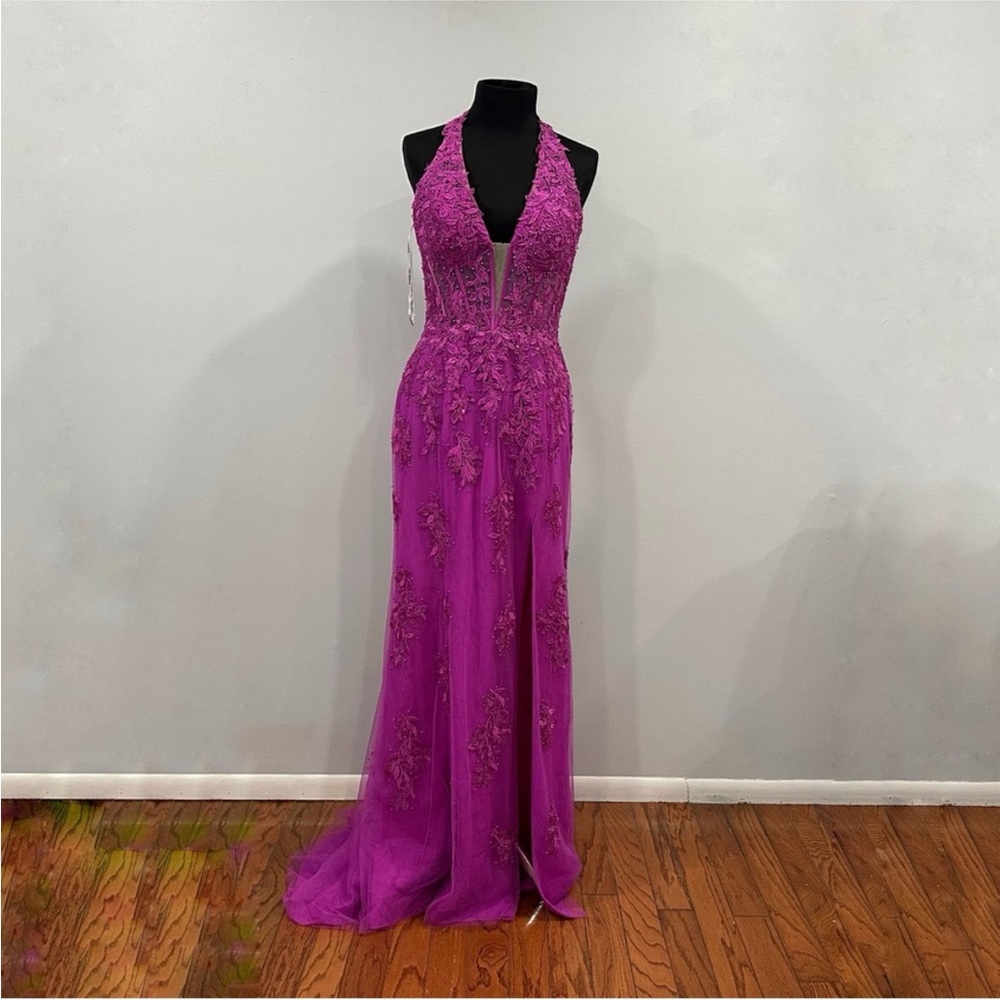 Sherri Hill 56077 Halter Leaf Lace Gown Magenta Size 12